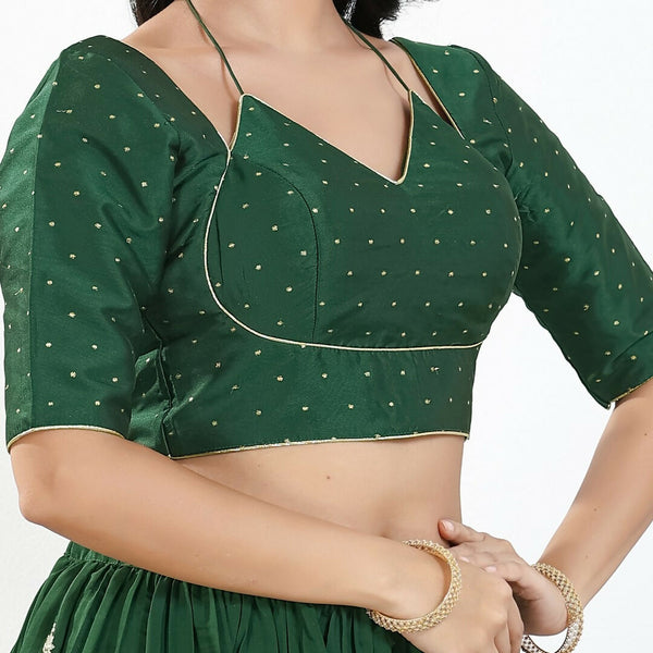 Joban Fashion Bottle Green Brocade Padded Blouse With Sweetheart Neck Elbow Sleeves