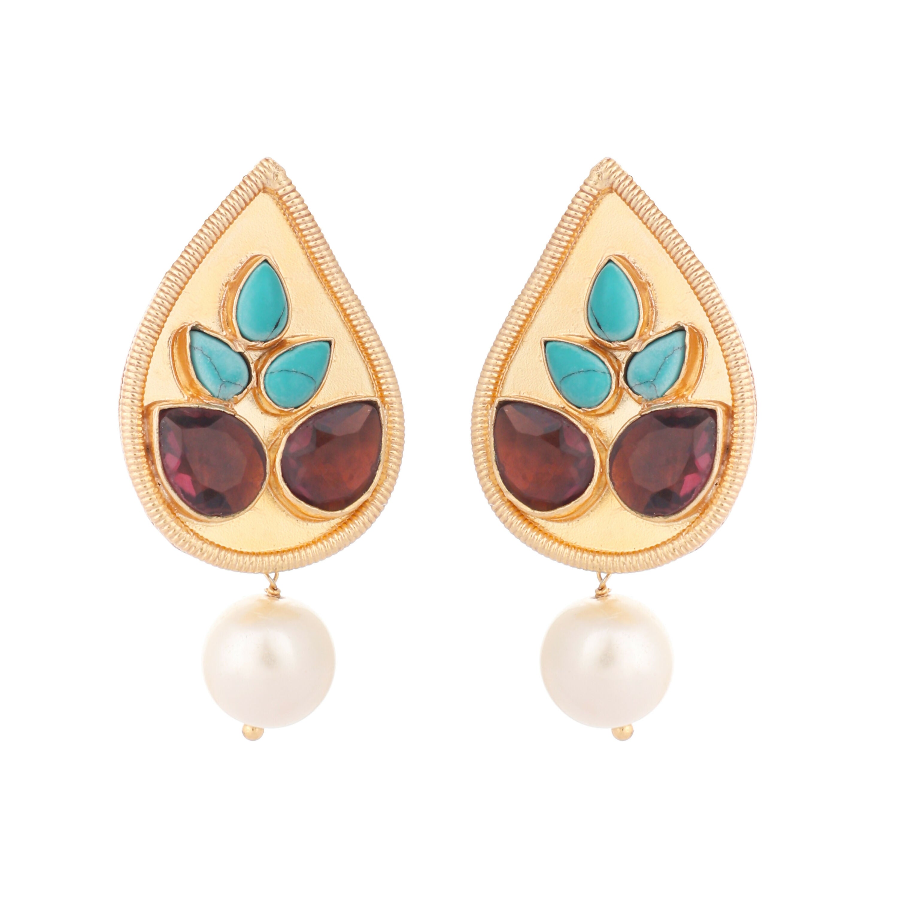 Nuyug 22K Gold Plated Faux Turquoise Stone Studded Contemporary Petal Shaped Pearl Drop Stud Earrings