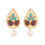 Thumbnail for Nuyug 22K Gold Plated Faux Turquoise Stone Studded Contemporary Petal Shaped Pearl Drop Stud Earrings