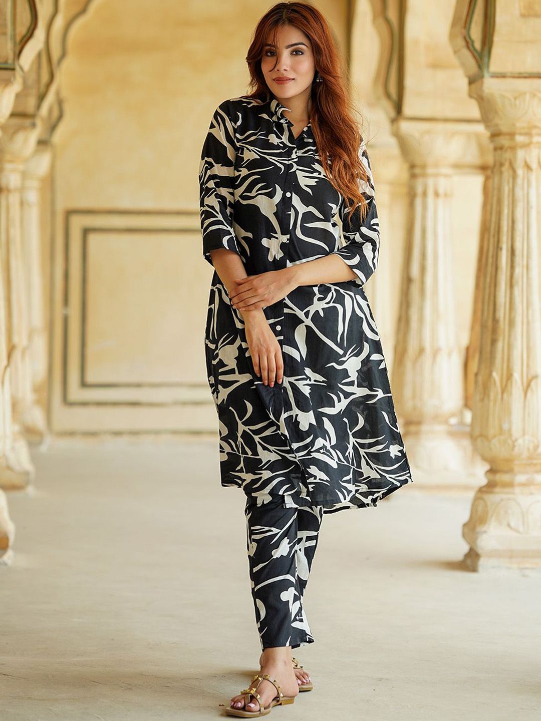 Kalini Abstract Printed Shirt Collar Pure Cotton A-Line Kurta with Trousers - Distacart