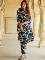 Thumbnail for Kalini Abstract Printed Shirt Collar Pure Cotton A-Line Kurta with Trousers - Distacart