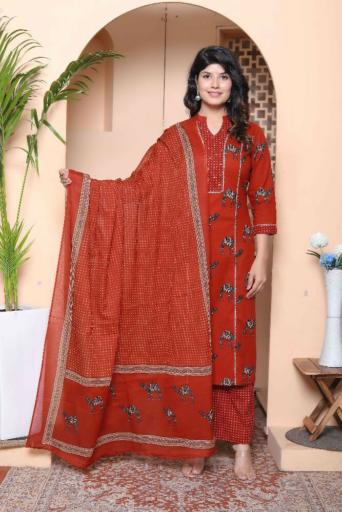 Miravan Womens Pure Cotton Animal Printed Straight Kurta With Palazzo & Dupatta Set