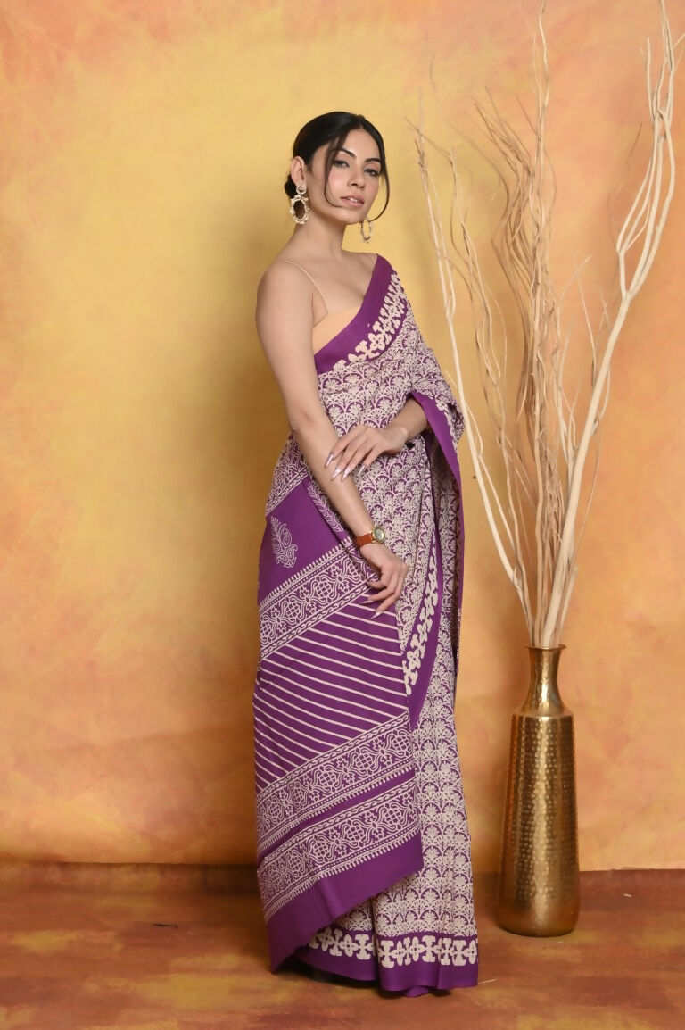 Very Much Indian Handblock Printed Cotton Saree With Natural Dyes - White - Distacart