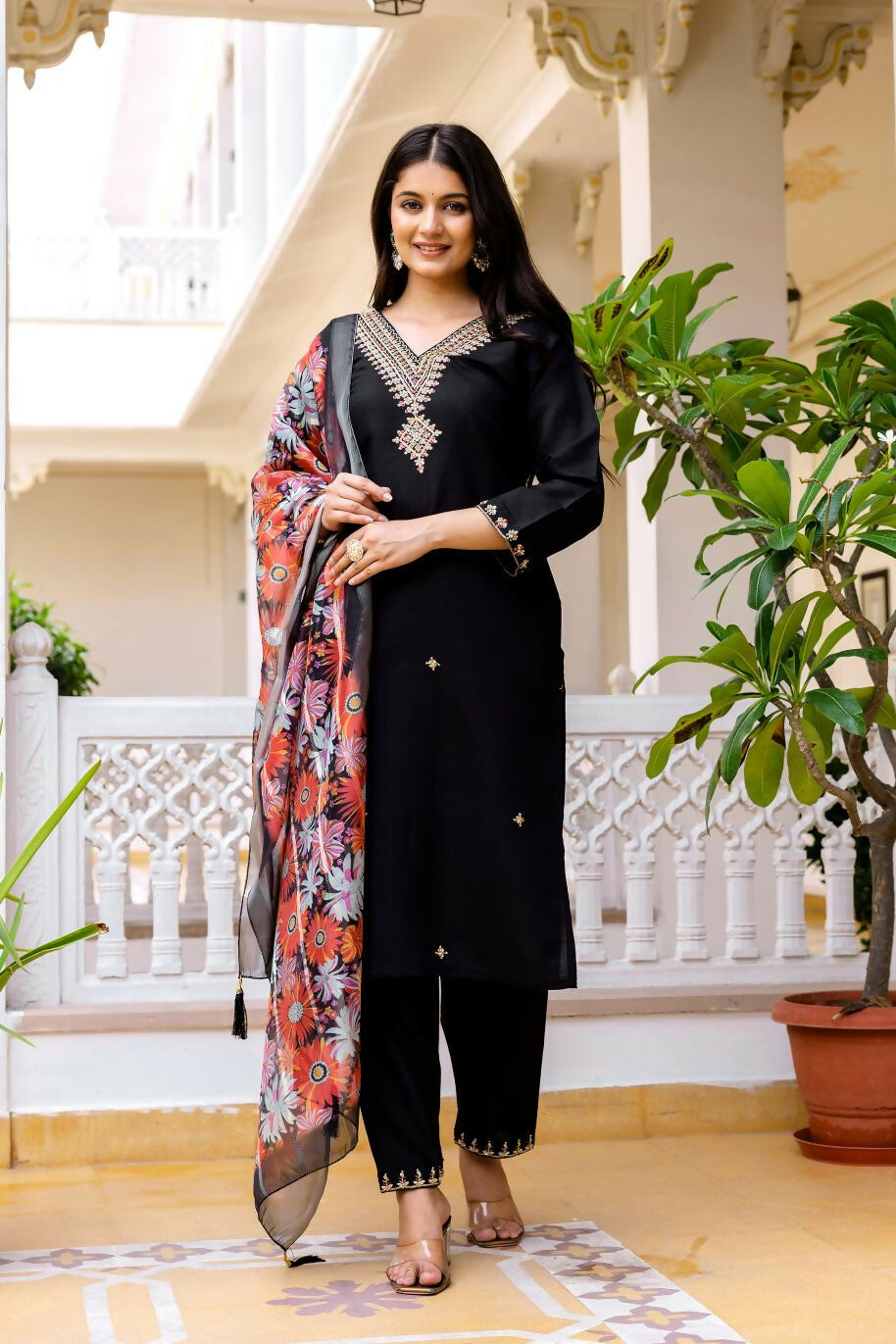 The52 Black Women's Beautiful Viscose Chanderi Fabric Embroidered Work Straight Kurta Pant and Dupatta Set - Distacart