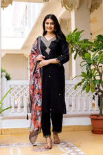 Thumbnail for The52 Black Women's Beautiful Viscose Chanderi Fabric Embroidered Work Straight Kurta Pant and Dupatta Set - Distacart