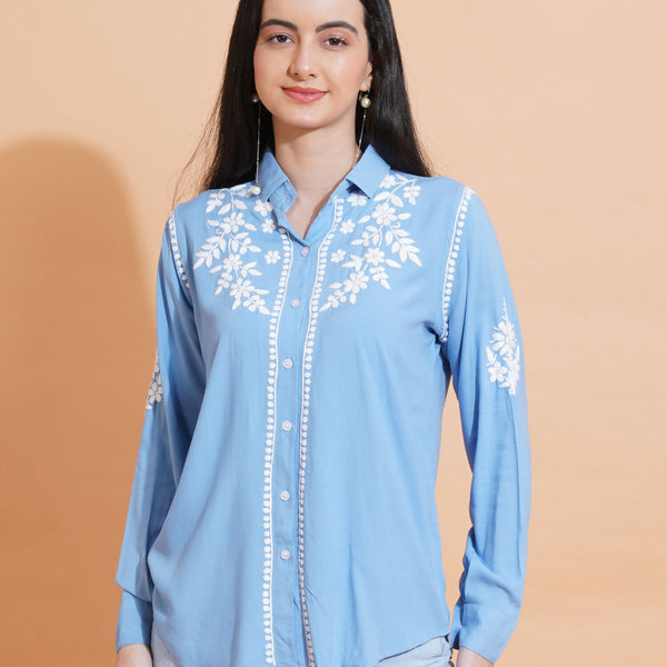 Pahnaz Modal Chikankari Handwork Shirt-Blue - Dista