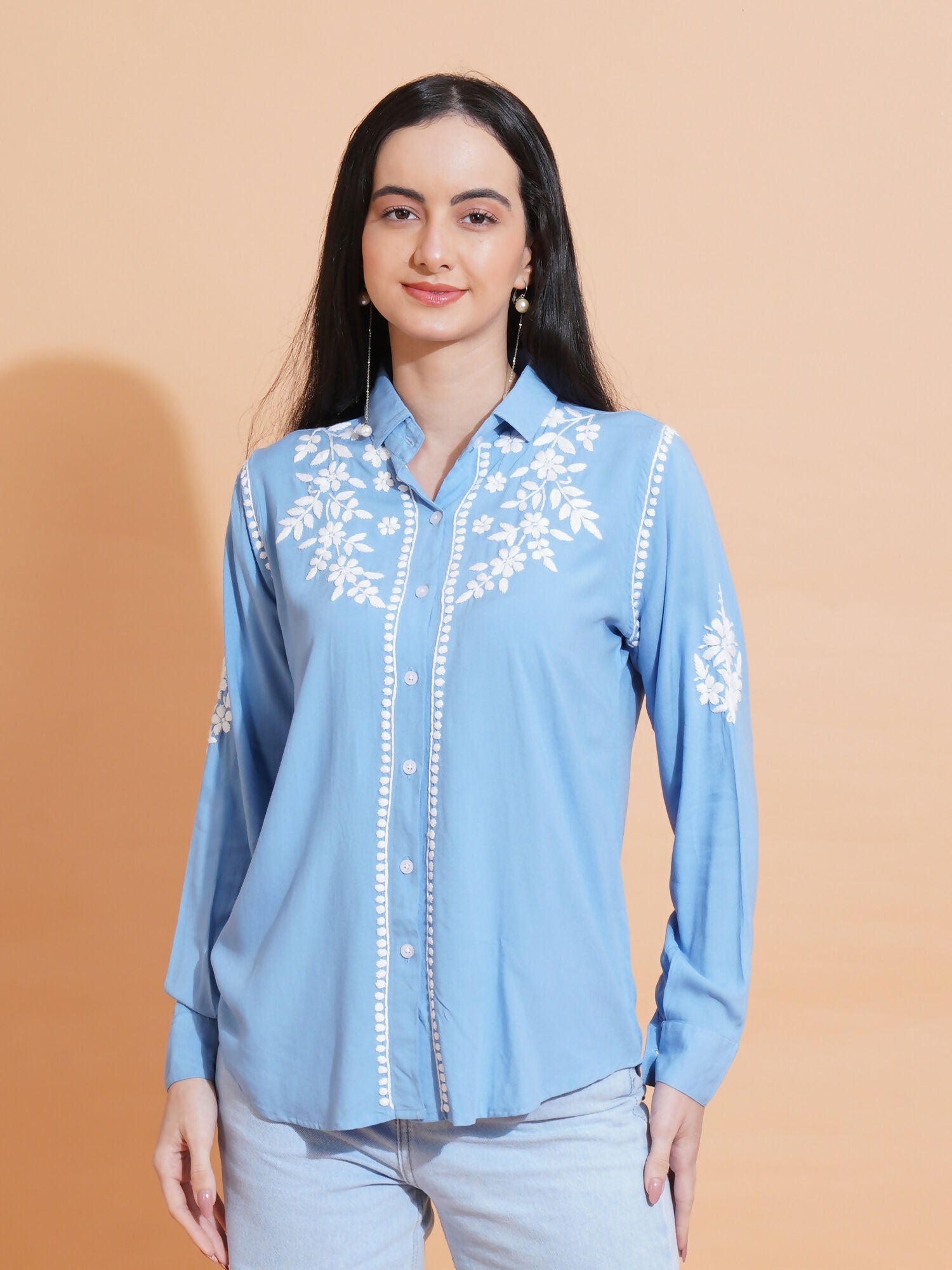Pahnaz Modal Chikankari Handwork Shirt-Blue - Dista