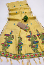 Thumbnail for Vastranavya Yellow Muga Cotton Meenakari & Azarakh Pallu Saree with Contrast Blouse - Distacart