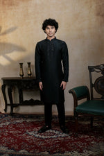Thumbnail for Falling Raw Silk Black Kajal Phool Kurta Set By Hilo Design