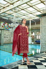 Thumbnail for Jyoti Fashion Women's Maroon Faux Georgette Heavy Embroidery and Moti Work Kurta Set - Distacart