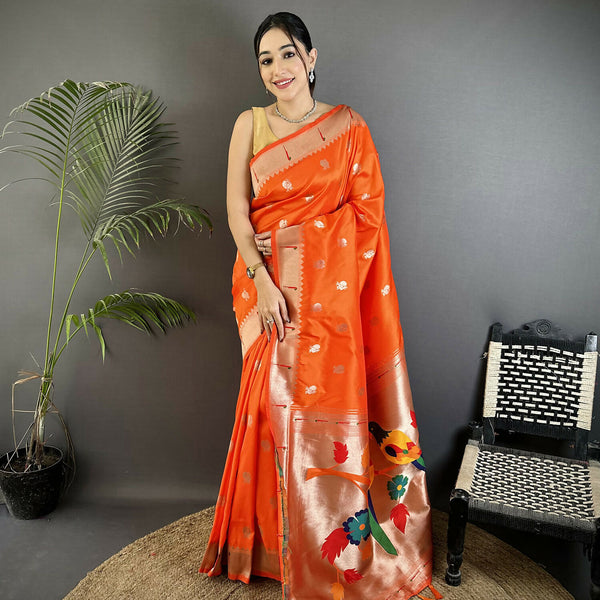Joban Fashion Orange Peacock & Floral Motifs Soft Silk Kanchipuram Saree - Distacart