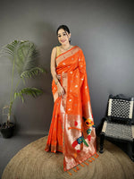 Thumbnail for Joban Fashion Orange Peacock & Floral Motifs Soft Silk Kanchipuram Saree - Distacart