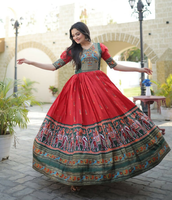 Jyoti Fashion Women's Red Patola with Foil Print Dola Silk Anarkali Dress - Distacart
