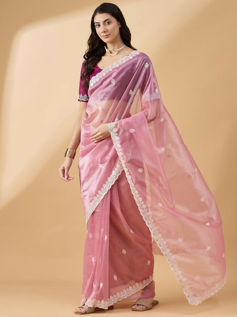 Pink Organza Sequence Embroidered Saree with Unstitched Blouse - Satya - Distacart