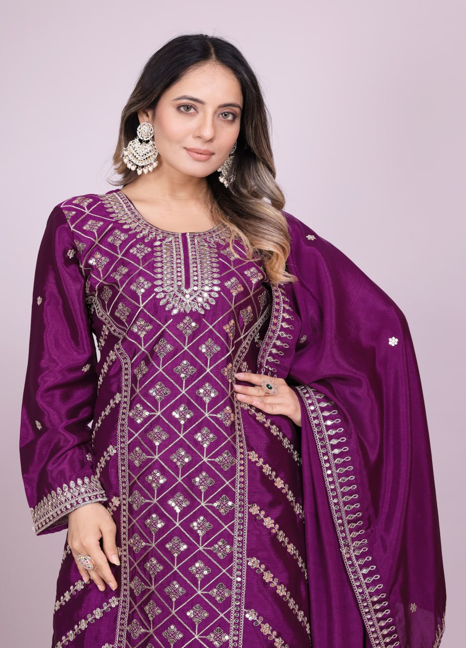 Teeya Creation Wine Color Chinnon Silk Embroidery Work Fully Stitched Salwar Suit - Distacart