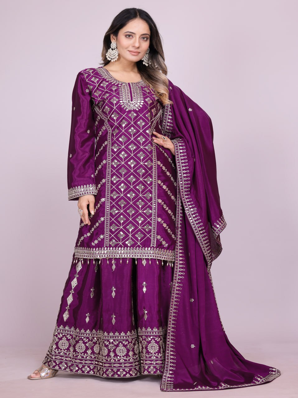 Teeya Creation Wine Color Chinnon Silk Embroidery Work Fully Stitched Salwar Suit - Distacart