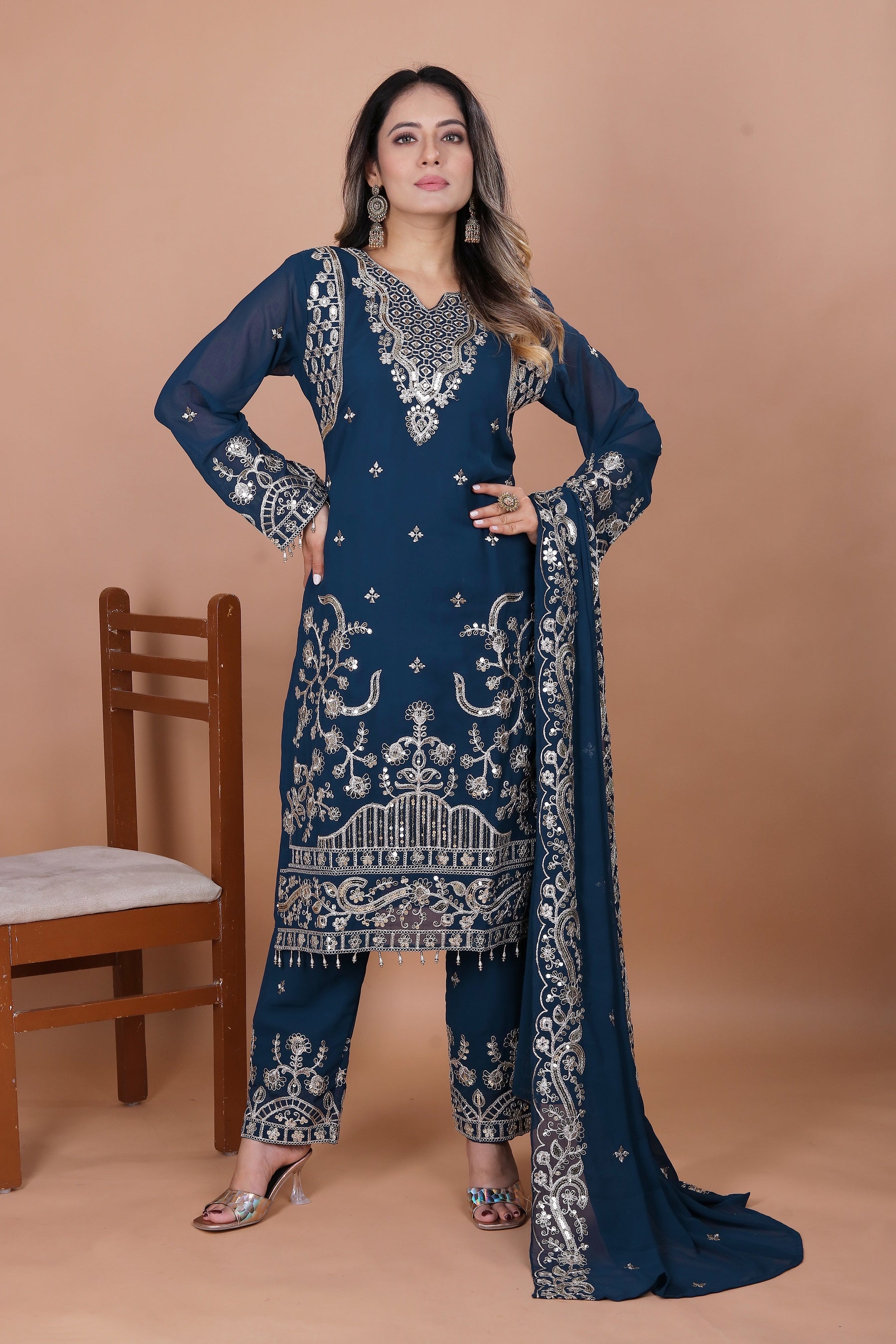 Lehenga Mart Georgette Top Pant Dupatta for Girls or Women - Blue - Distacart