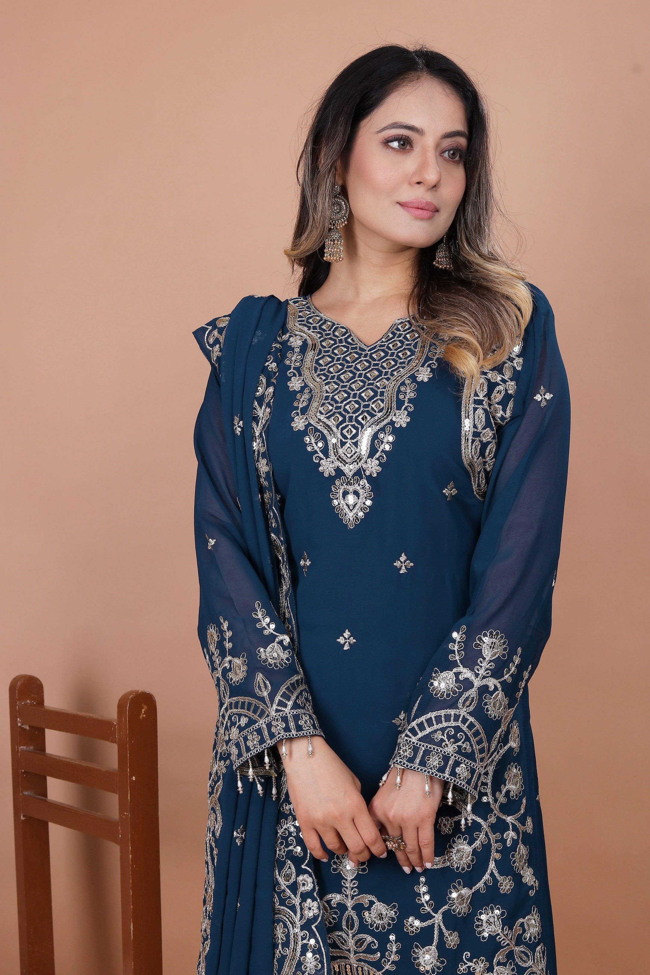 Lehenga Mart Georgette Top Pant Dupatta for Girls or Women - Blue