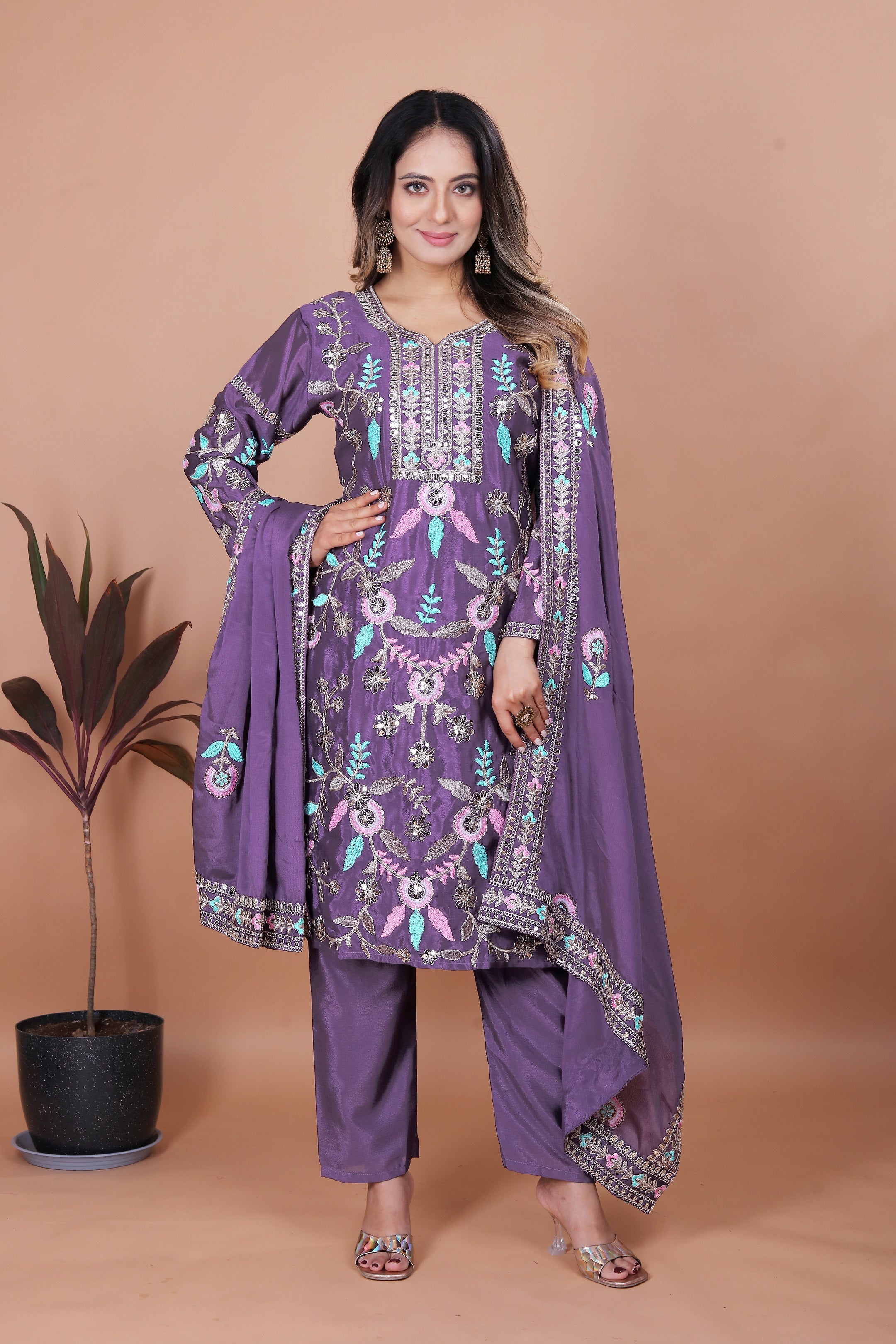 Lehenga Mart Chinon Top Pant Dupatta for Girls or Women - Blue - Distacart