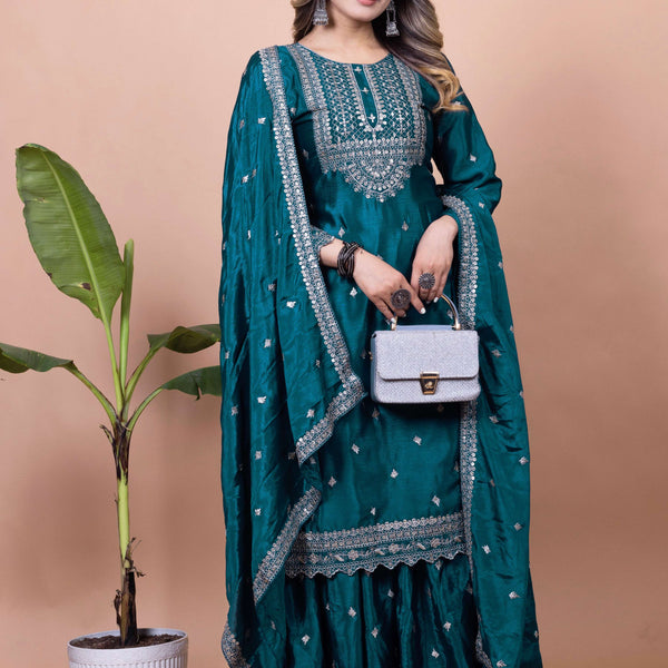 Lehenga Mart Designer Chinon Sharara Suit With Sequence Embroidered Work - Teal blue - Distacart