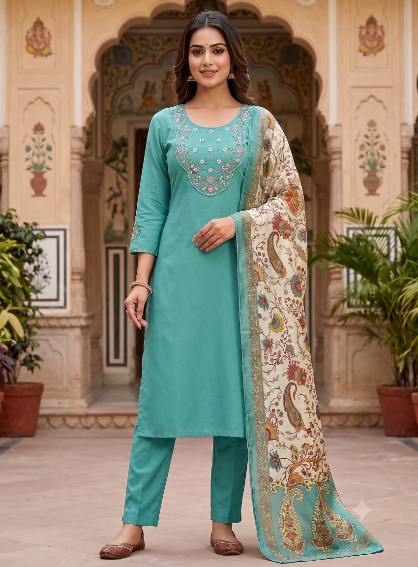 Teeya Creation Women Sky Green Embroidered Kurta Set With Dupatta - Dista