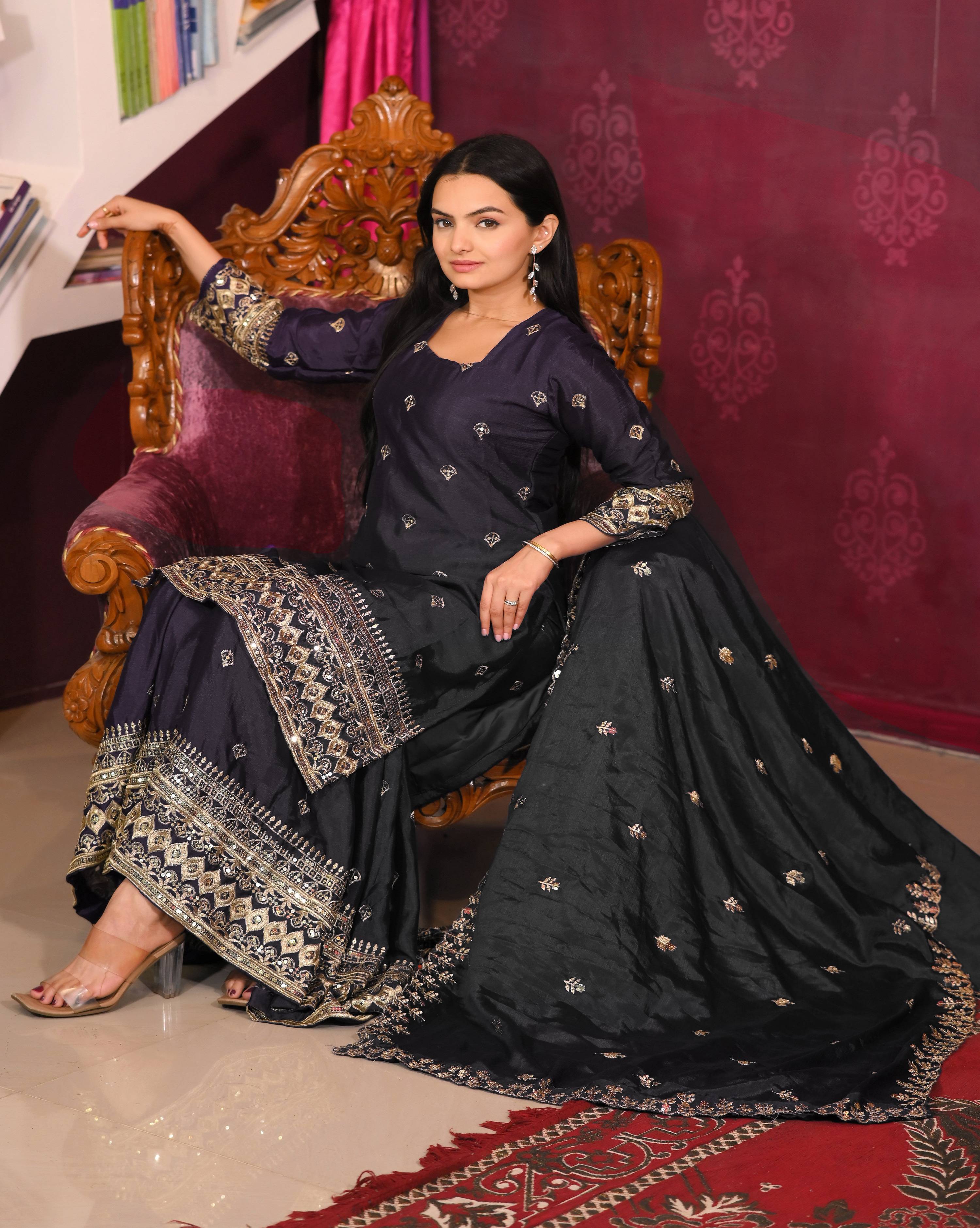 Lehenga Mart Designer Chinon Suit With Sequence Embroidered Work - Black - Distacart