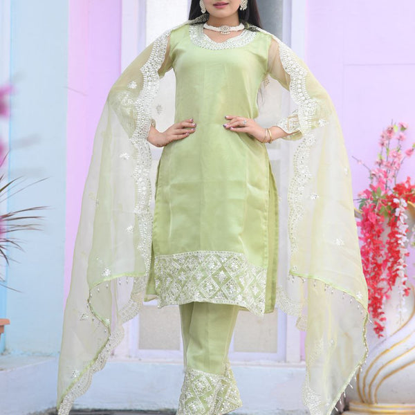 Lehenga Mart Designer Organza Suit With Sequence Embroidered Work - Light Green - Distacart