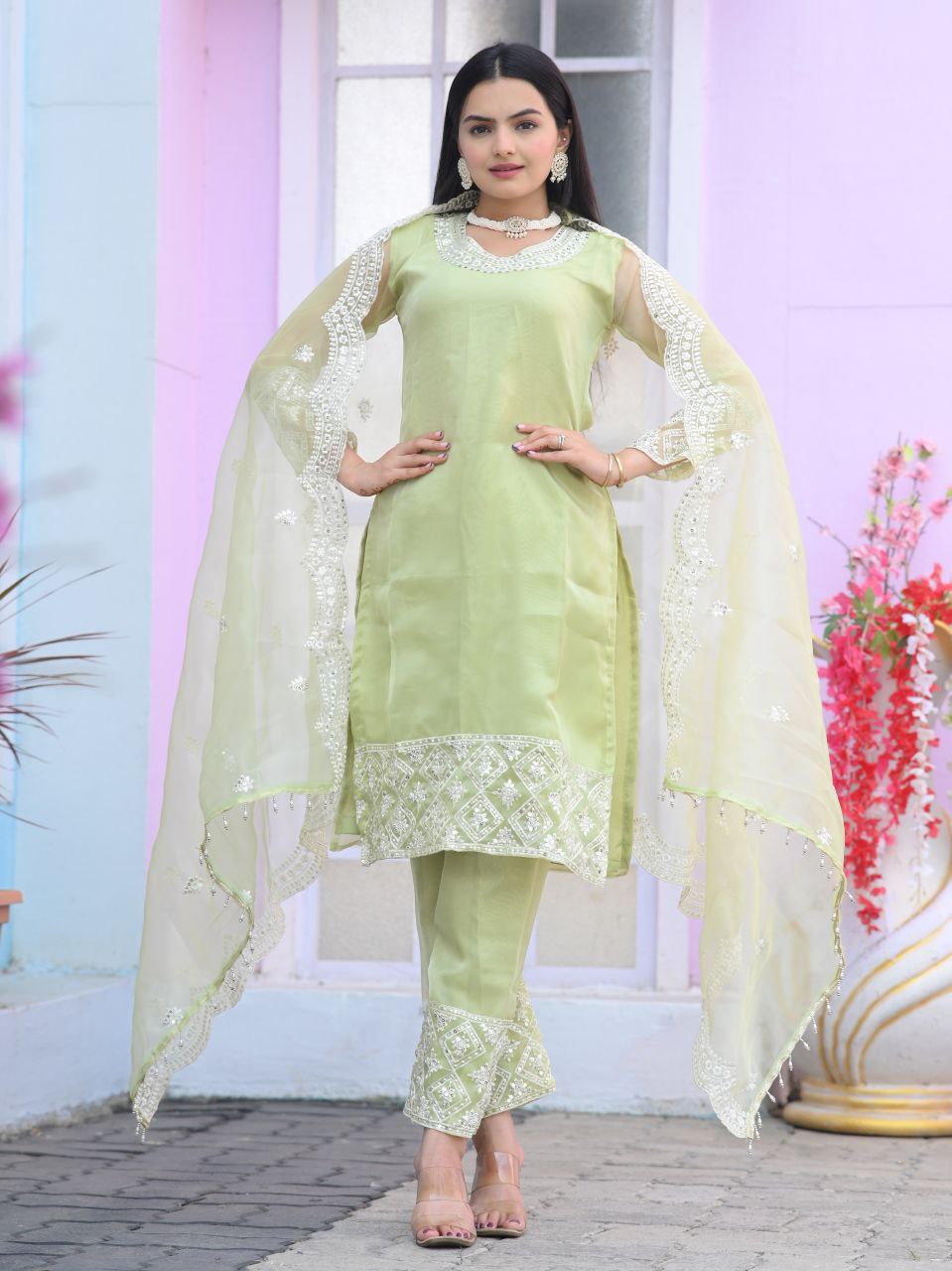 Lehenga Mart Designer Organza Suit With Sequence Embroidered Work - Light Green - Distacart