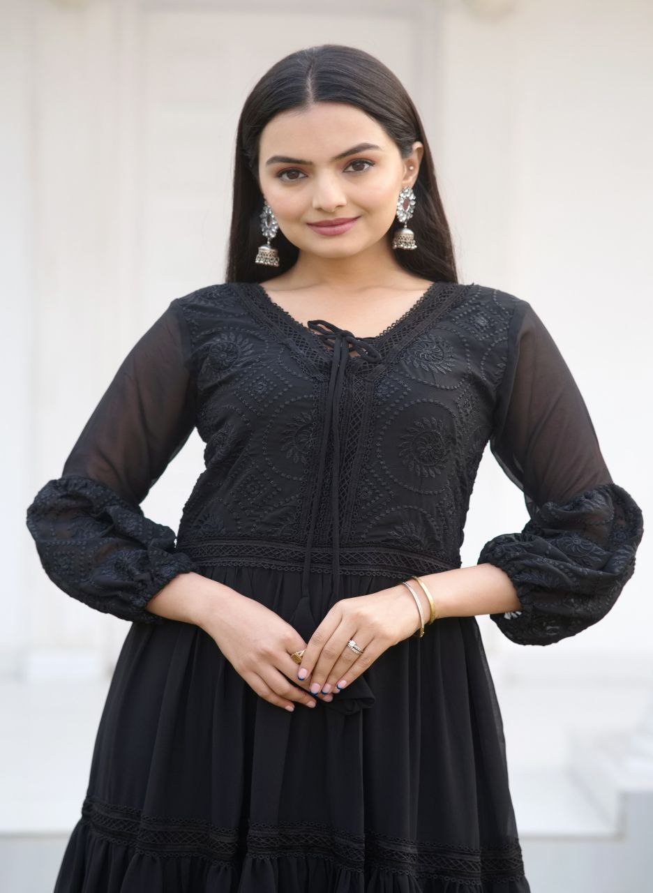 Lehenga Mart Designer Faux Georgette Gown With Embroidered Work - Black - Distacart