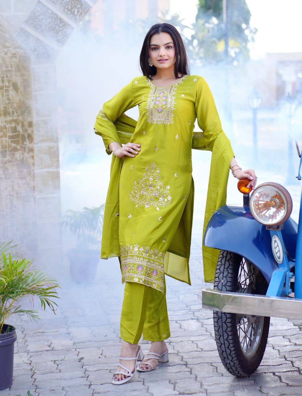 Lehenga Mart Designer Chinon Suit With Embroidered Work - Parrot Green - Distacart