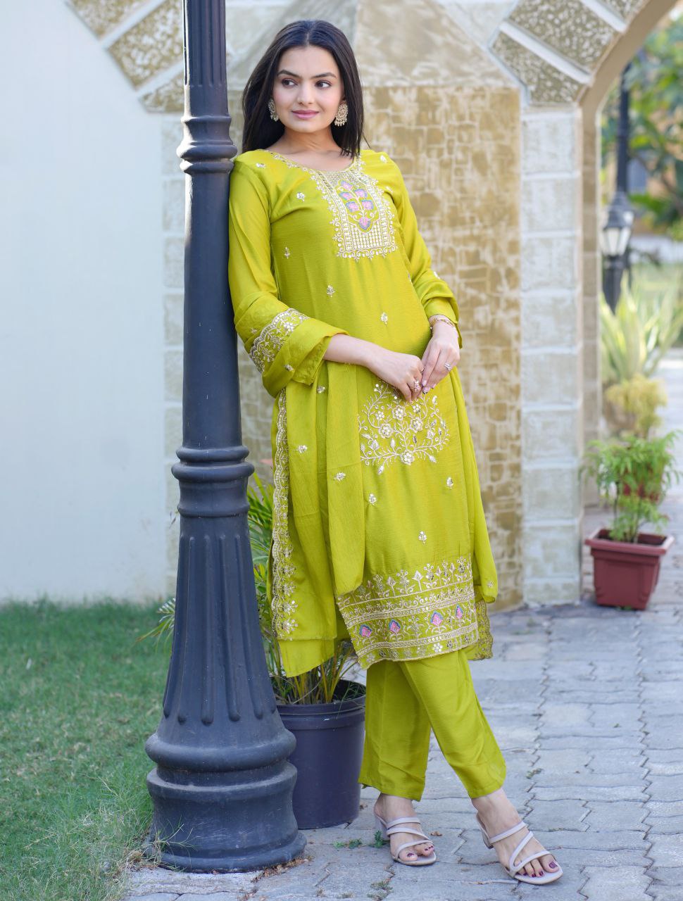 Lehenga Mart Designer Chinon Suit With Embroidered Work - Parrot Green - Distacart