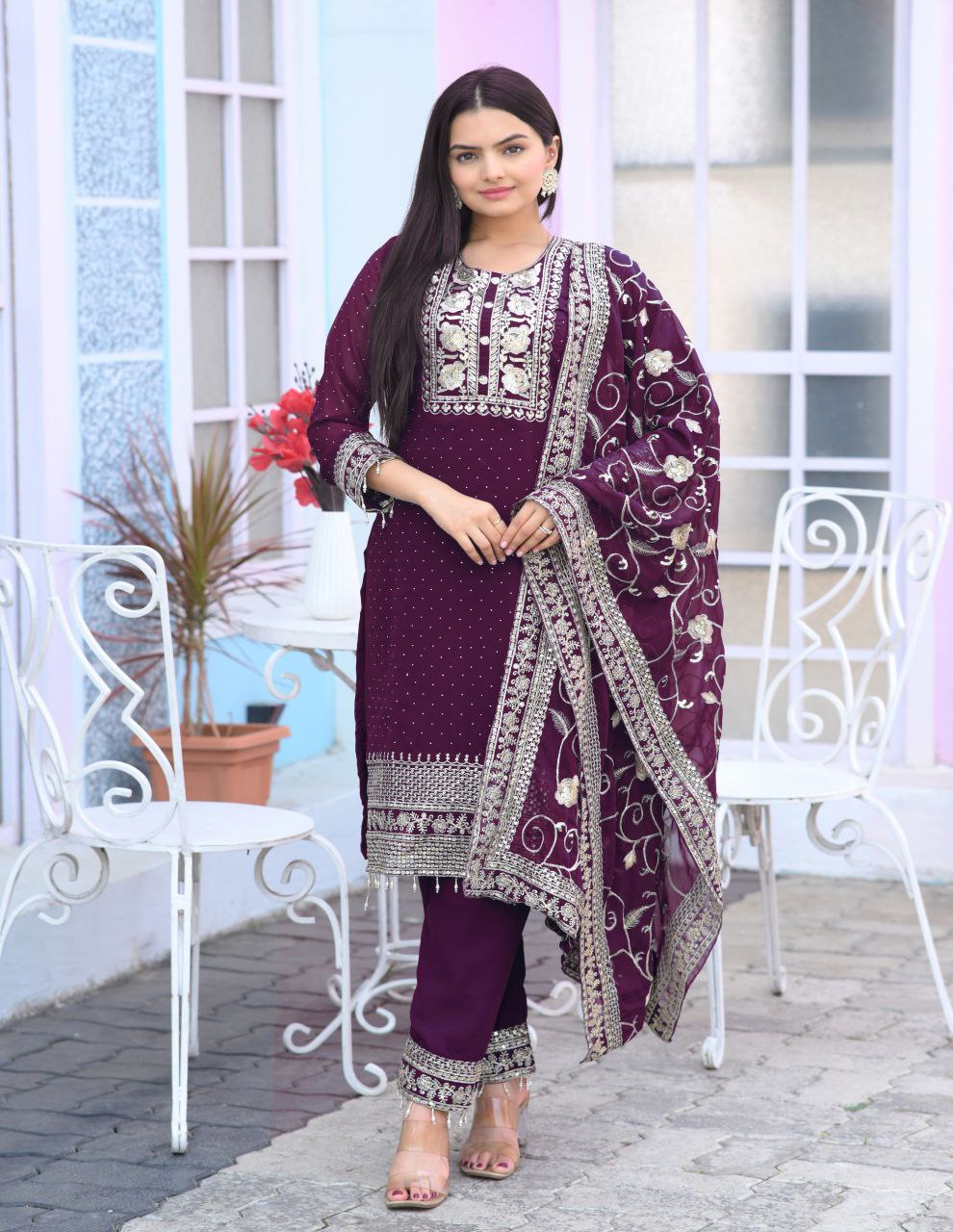 Lehenga Mart Designer Faux Georgette Suit With Embroidered Work And Stone Work - Wine - Distacart