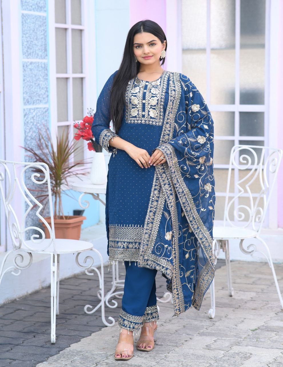 Lehenga Mart Designer Faux Georgette Suit With Embroidered Work And Stone Work - Blue - Distacart