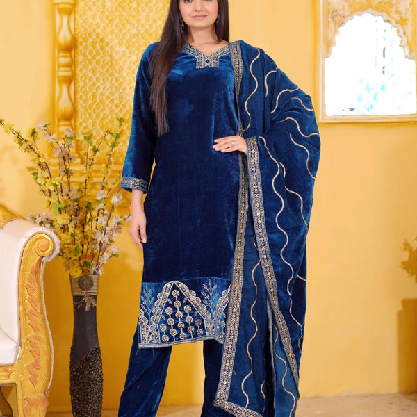 Lehenga Mart Designer Velvet Suit With Embroidered Work - Blue - Distacart