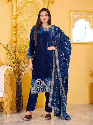 Lehenga Mart Designer Velvet Suit With Embroidered Work - Blue - Distacart