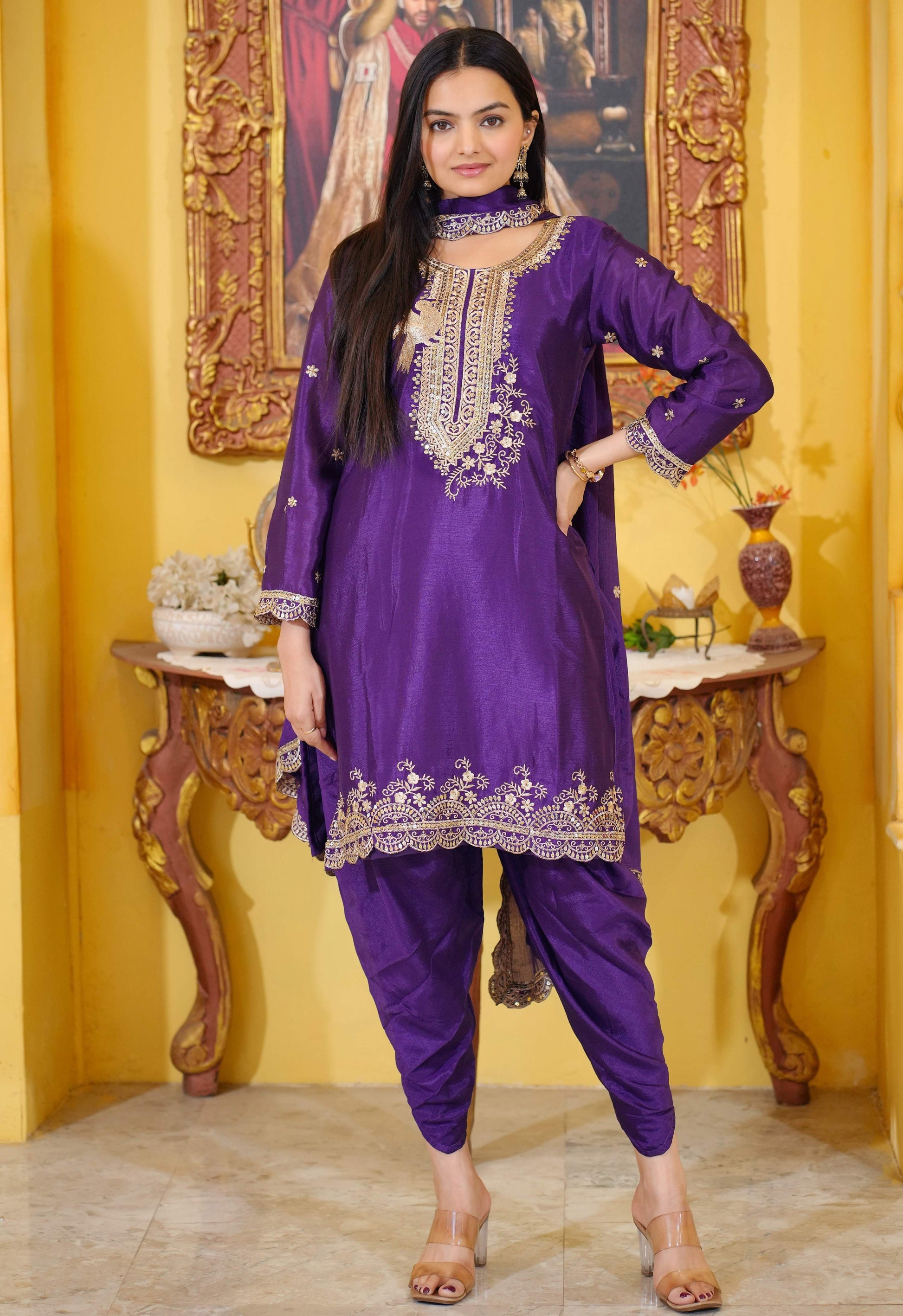 Lehenga Mart Designer Chinon Dhoti Suit With Sequence Embroidered Work - Purple - Distacart