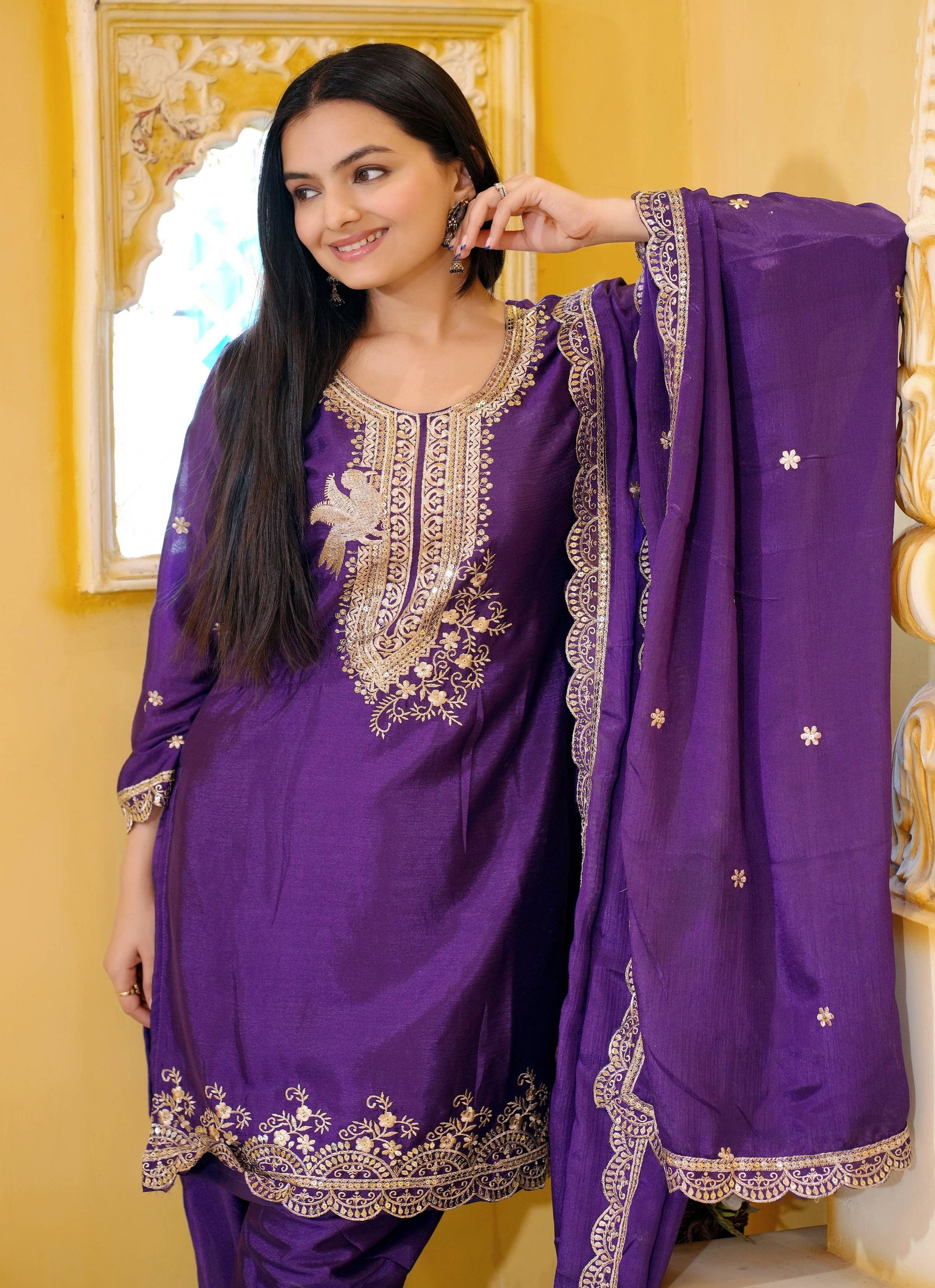 Lehenga Mart Designer Chinon Dhoti Suit With Sequence Embroidered Work - Purple - Distacart