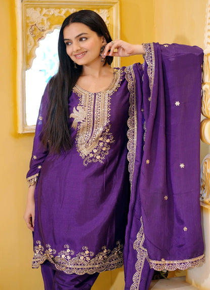 Lehenga Mart Designer Chinon Dhoti Suit With Sequence Embroidered Work - Purple - Distacart