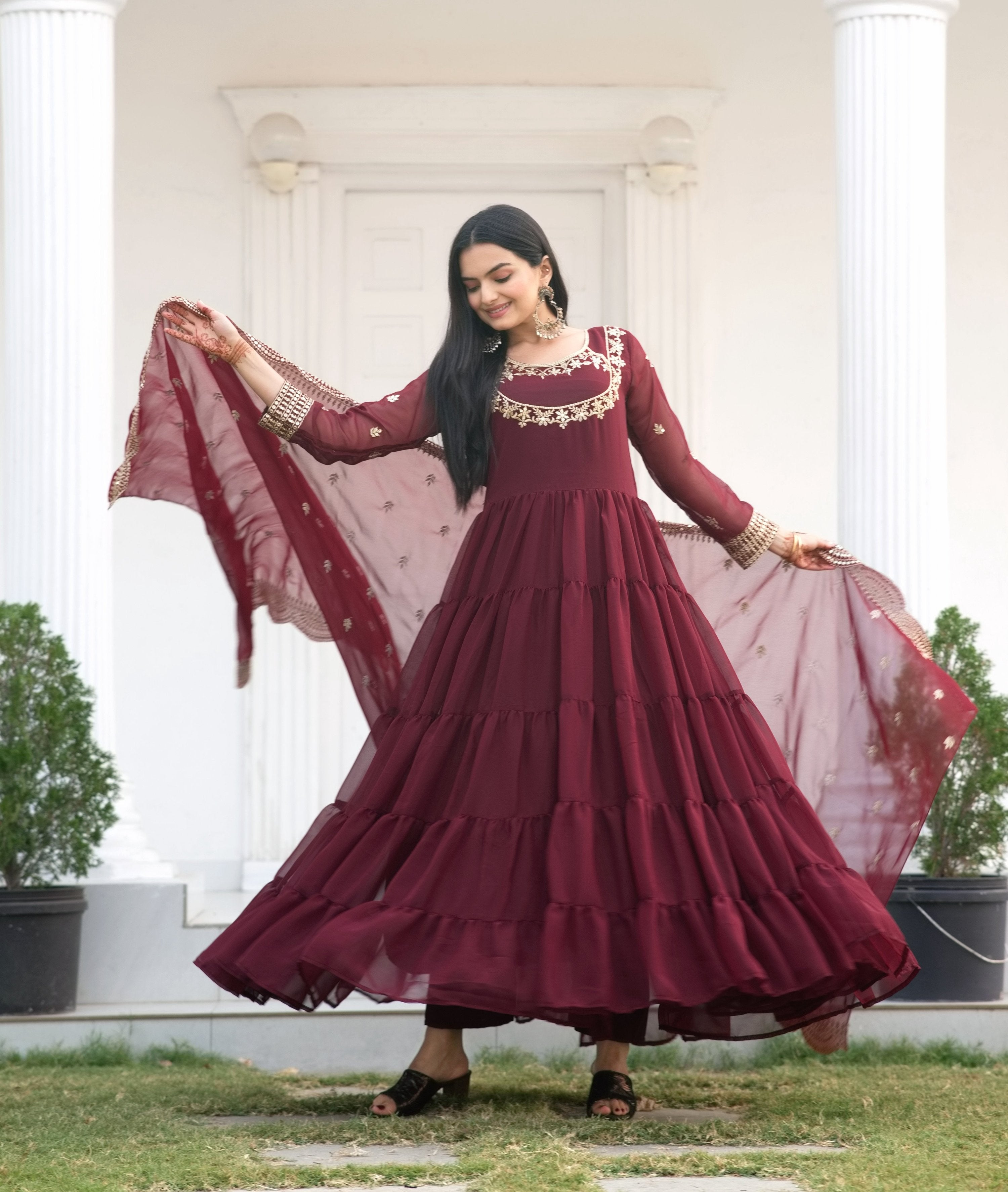 Lehenga Mart Designer Georgette Gown With Sequence Embroidered Work - Maroon - Distacart