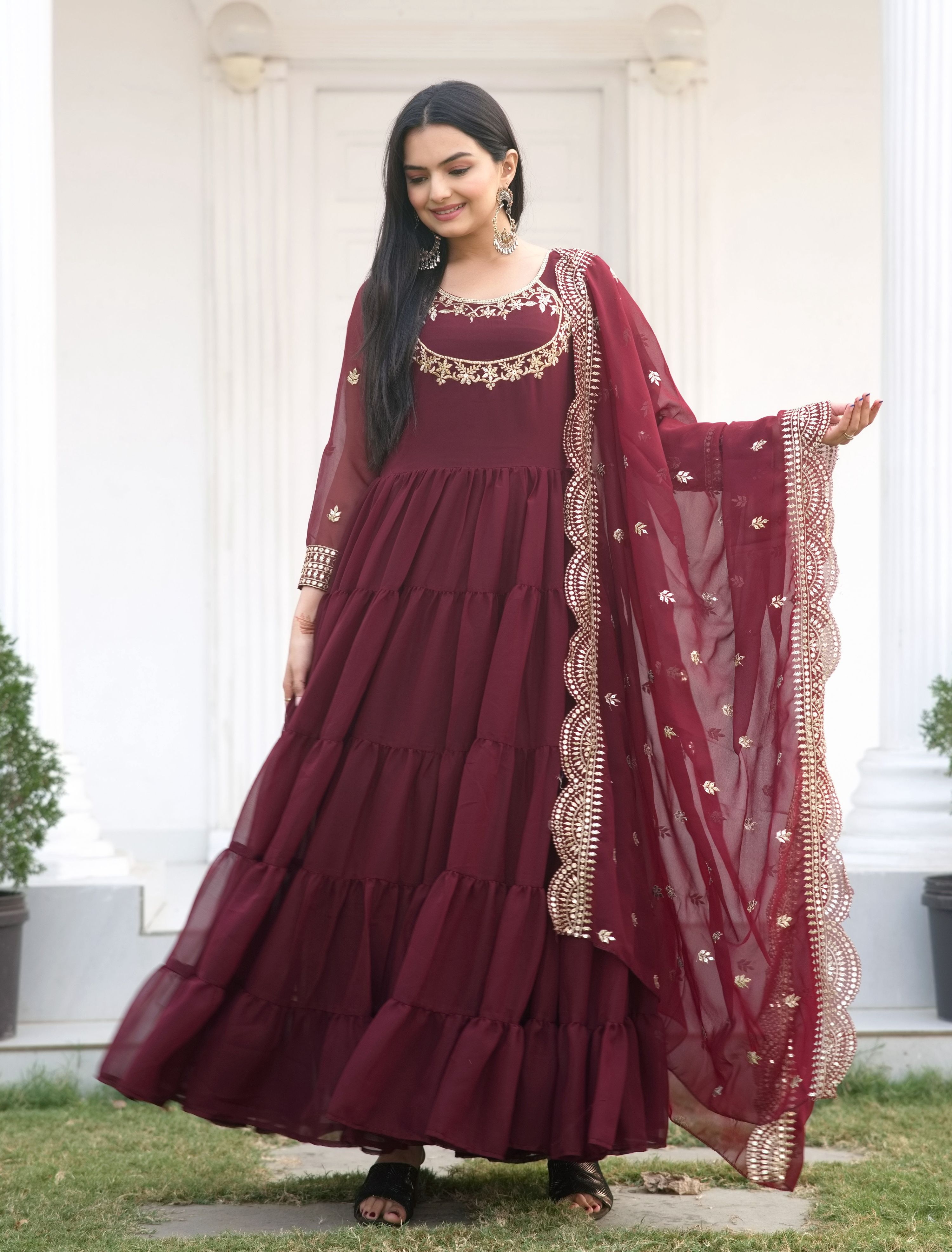Lehenga Mart Designer Georgette Gown With Sequence Embroidered Work - Maroon - Distacart