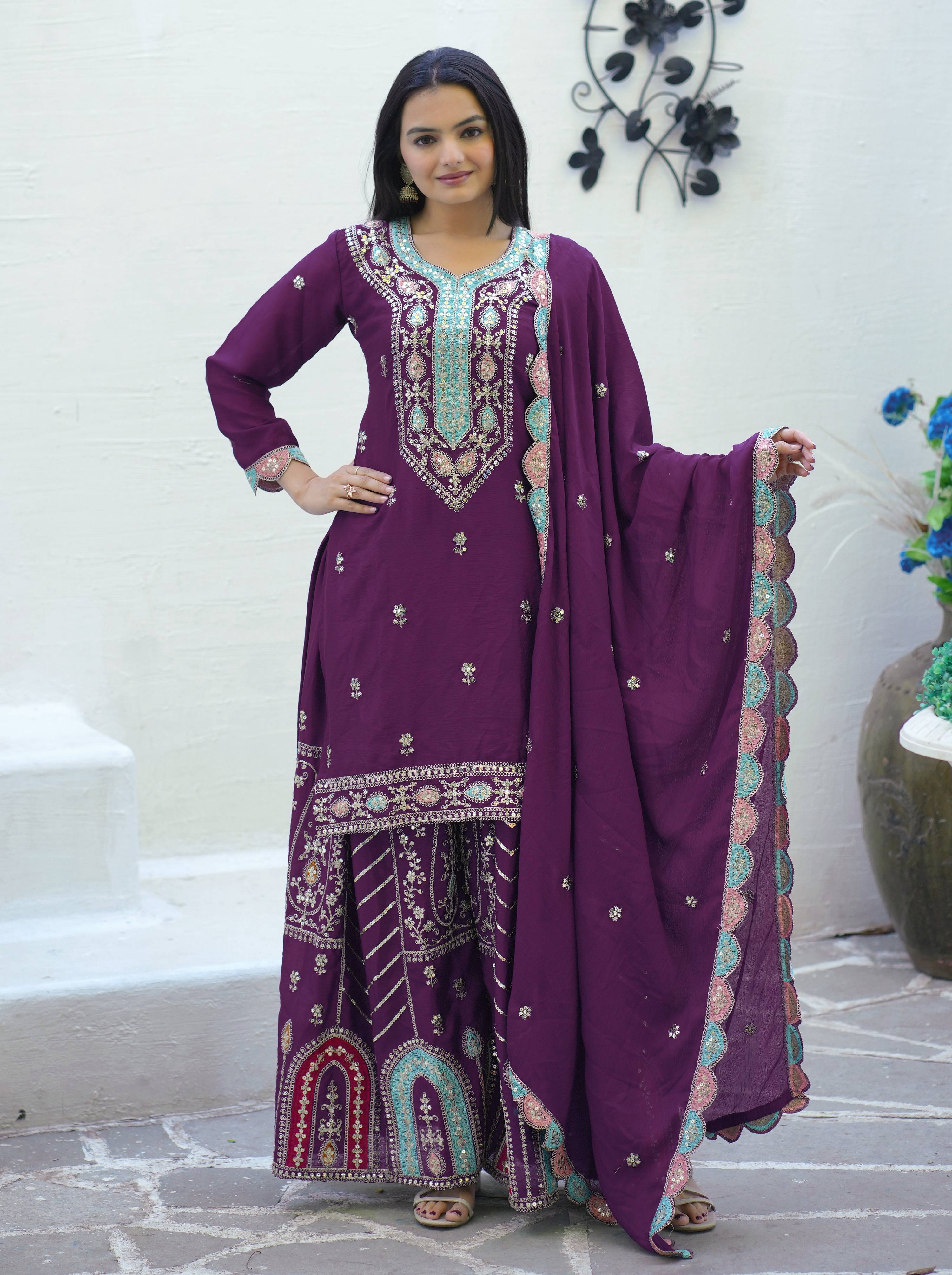 Lehenga Mart Designer Chinon Suit With Sequence Embroidered Work - Purple - Distacart