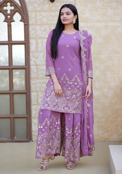 Lehenga Mart Designer Faux Georgette Sharara Suit With Sequence Embroidered Work - Lavender - Distacart