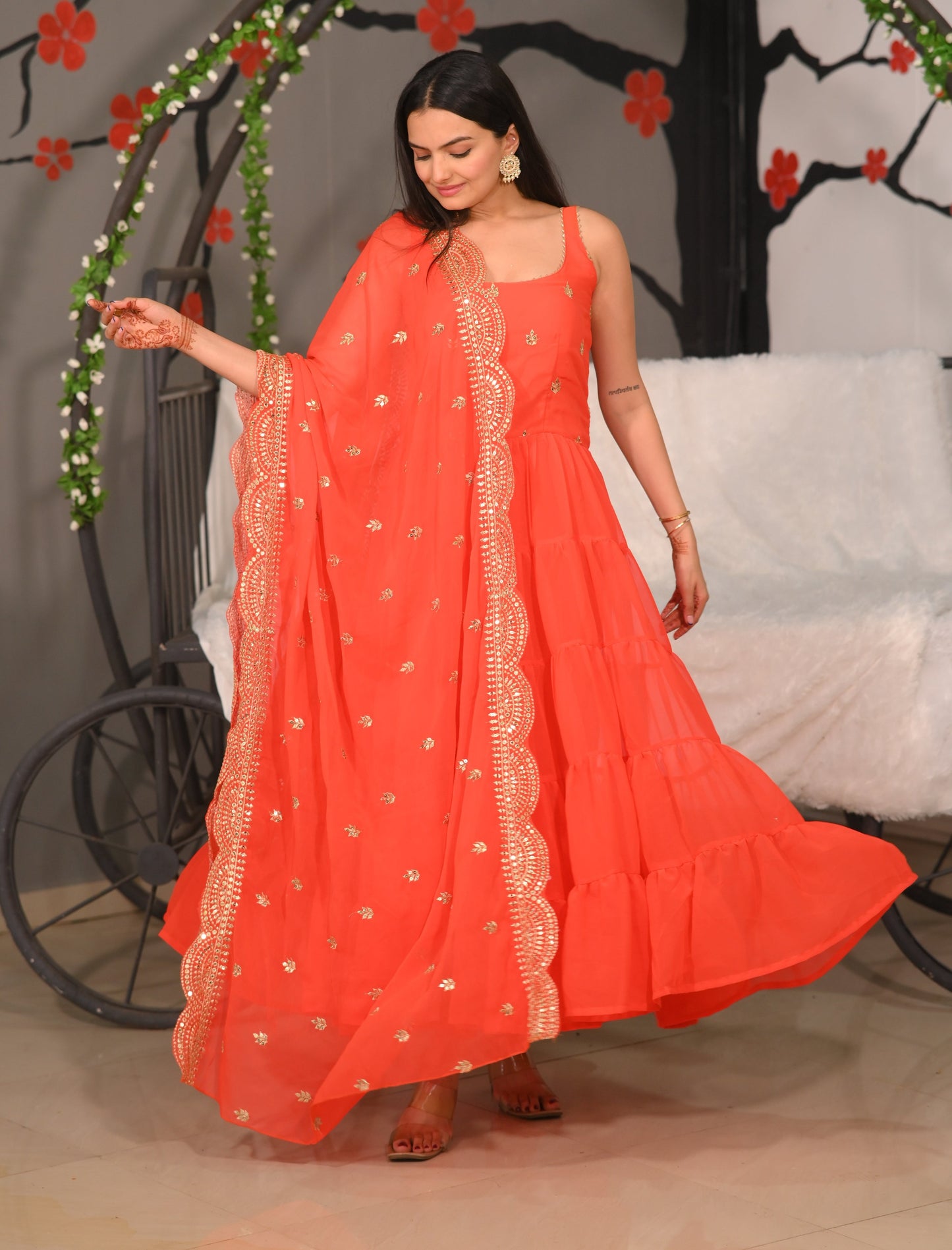 Lehenga Mart Designer Georgette Gown With Sequence Embroidered Work - Orange - Distacart