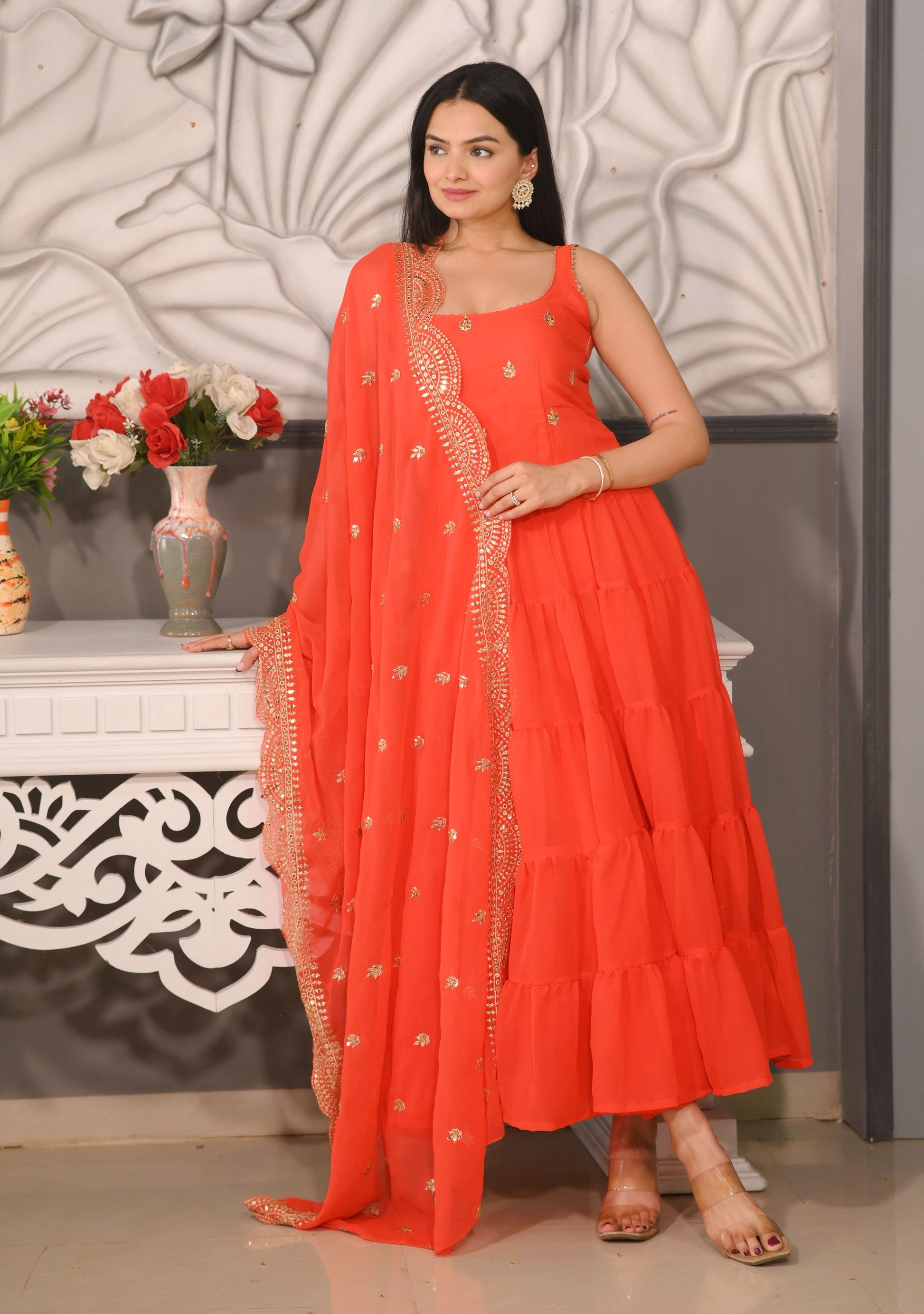 Lehenga Mart Designer Georgette Gown With Sequence Embroidered Work - Orange - Distacart