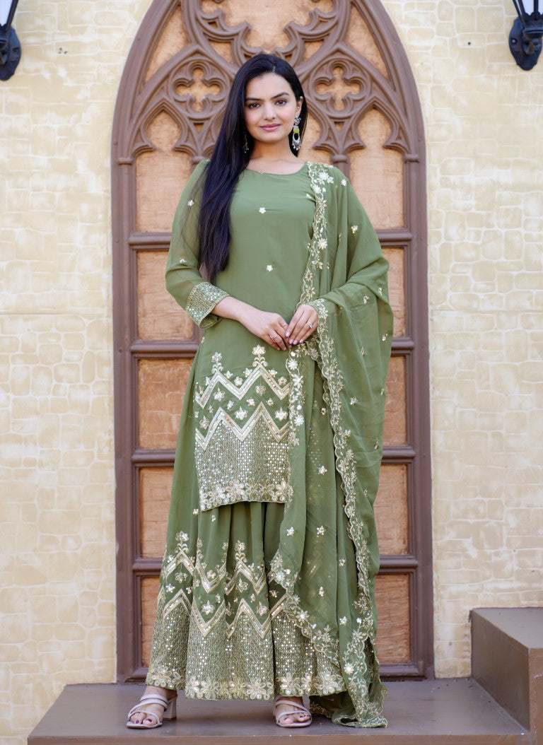 Lehenga Mart Designer Faux Georgette Sharara Suit With Sequence Embroidered Work - Pista Green - Distacart