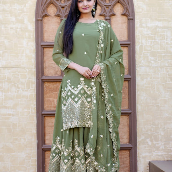 Lehenga Mart Designer Faux Georgette Sharara Suit With Sequence Embroidered Work - Pista Green - Distacart