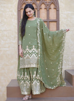 Thumbnail for Lehenga Mart Designer Faux Georgette Sharara Suit With Sequence Embroidered Work - Pista Green - Distacart