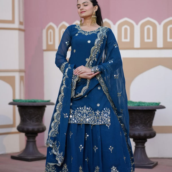 Lehenga Mart Designer Faux Georgette Lehenga Suit With Sequence Embroidered Work - Teal Blue - Distacart