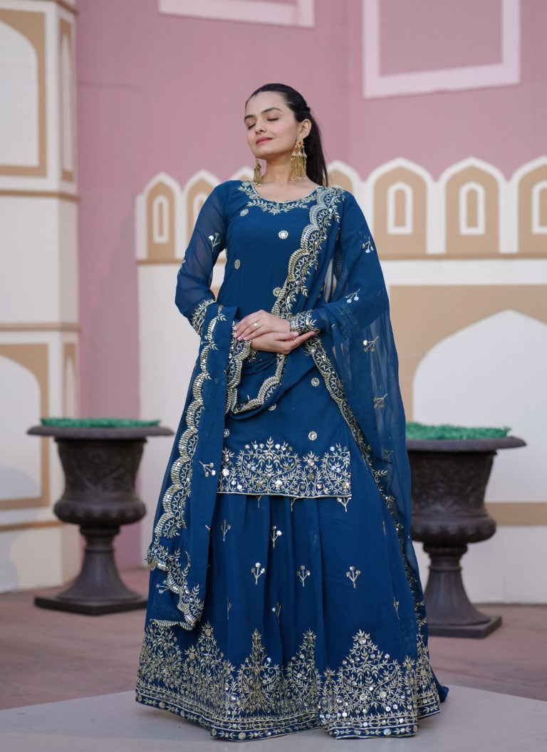Lehenga Mart Designer Faux Georgette Lehenga Suit With Sequence Embroidered Work - Teal Blue - Distacart