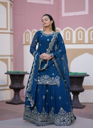Lehenga Mart Designer Faux Georgette Lehenga Suit With Sequence Embroidered Work - Teal Blue - Distacart
